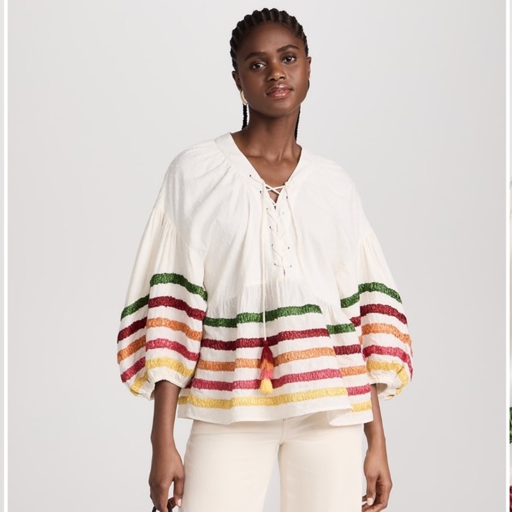 White Peasant Blouse with Multicolor Stripes